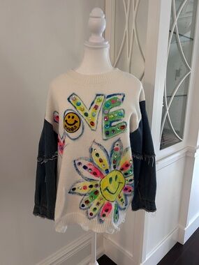 White & Black Floral Smiley Crewneck Sweater